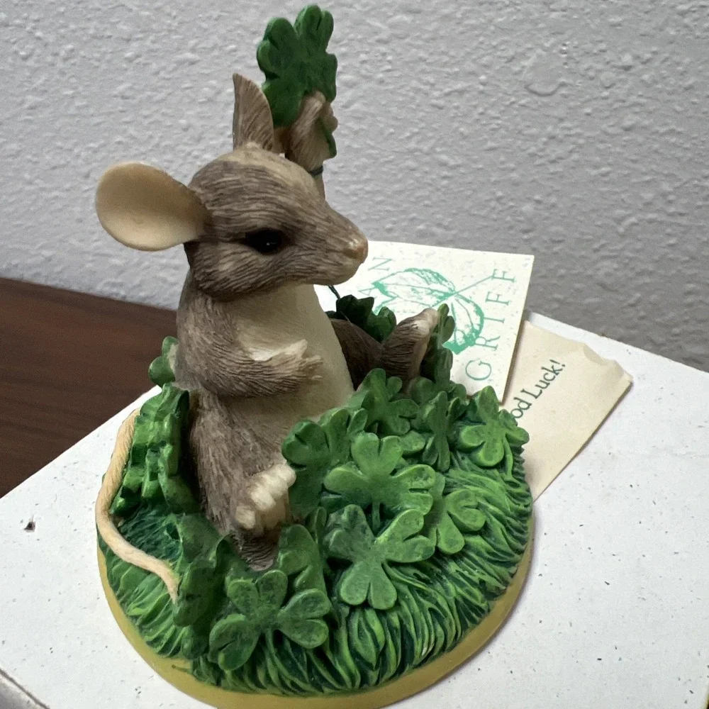 Charming Tails Fitz & Floyd "Good Luck" Mouse 4 Leaf Clover Shamrocks Figurine - Picture 7 of 14